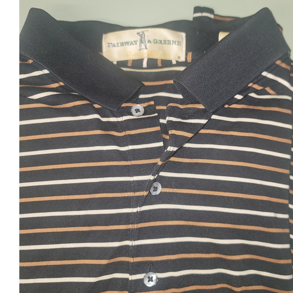 Fairway & Greene Mens Large Striped Polo Shirt Black Tan Glen Echo CC Golf L